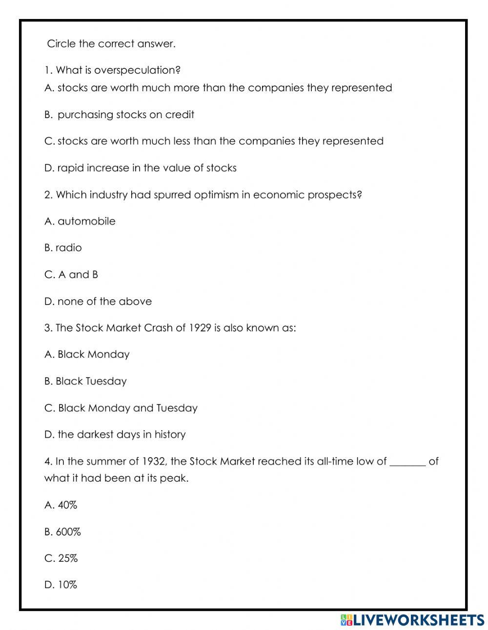 Stock Market Crash of 1929 Reading and Questions