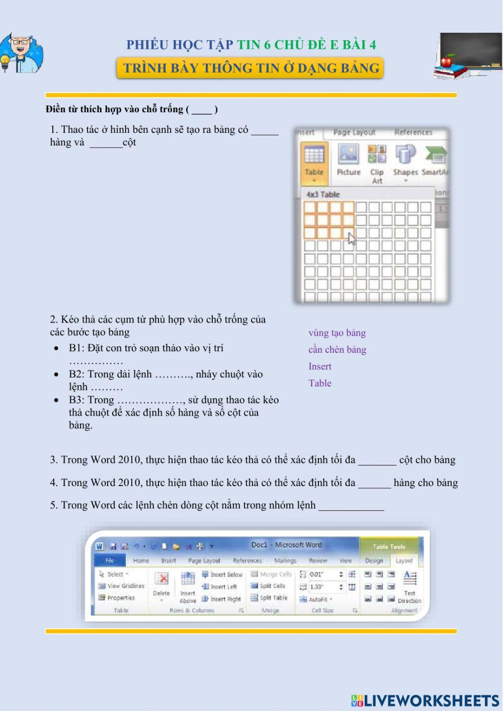 Phiếu học tập Tin 6 Trình bày thông tin ở dạng bảng