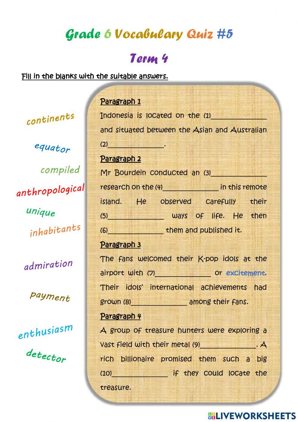 Grade 6 Vocabulary Quiz-5 Term 4