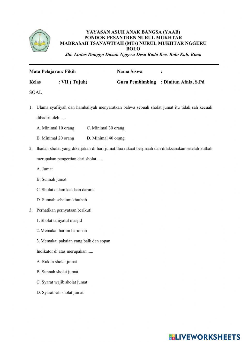 Soal PTS fiqih kelas 7