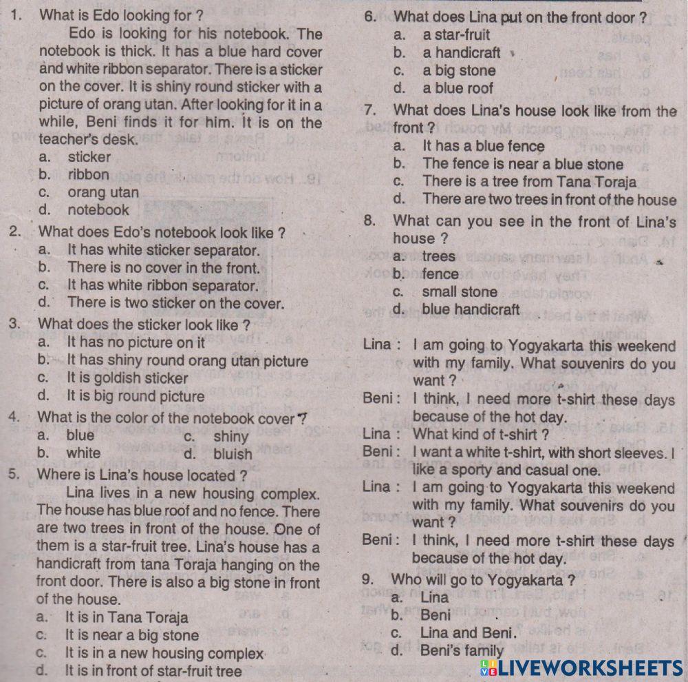 Ulangan Bahasa Inggris Kelas 7 Bab 3 MBH