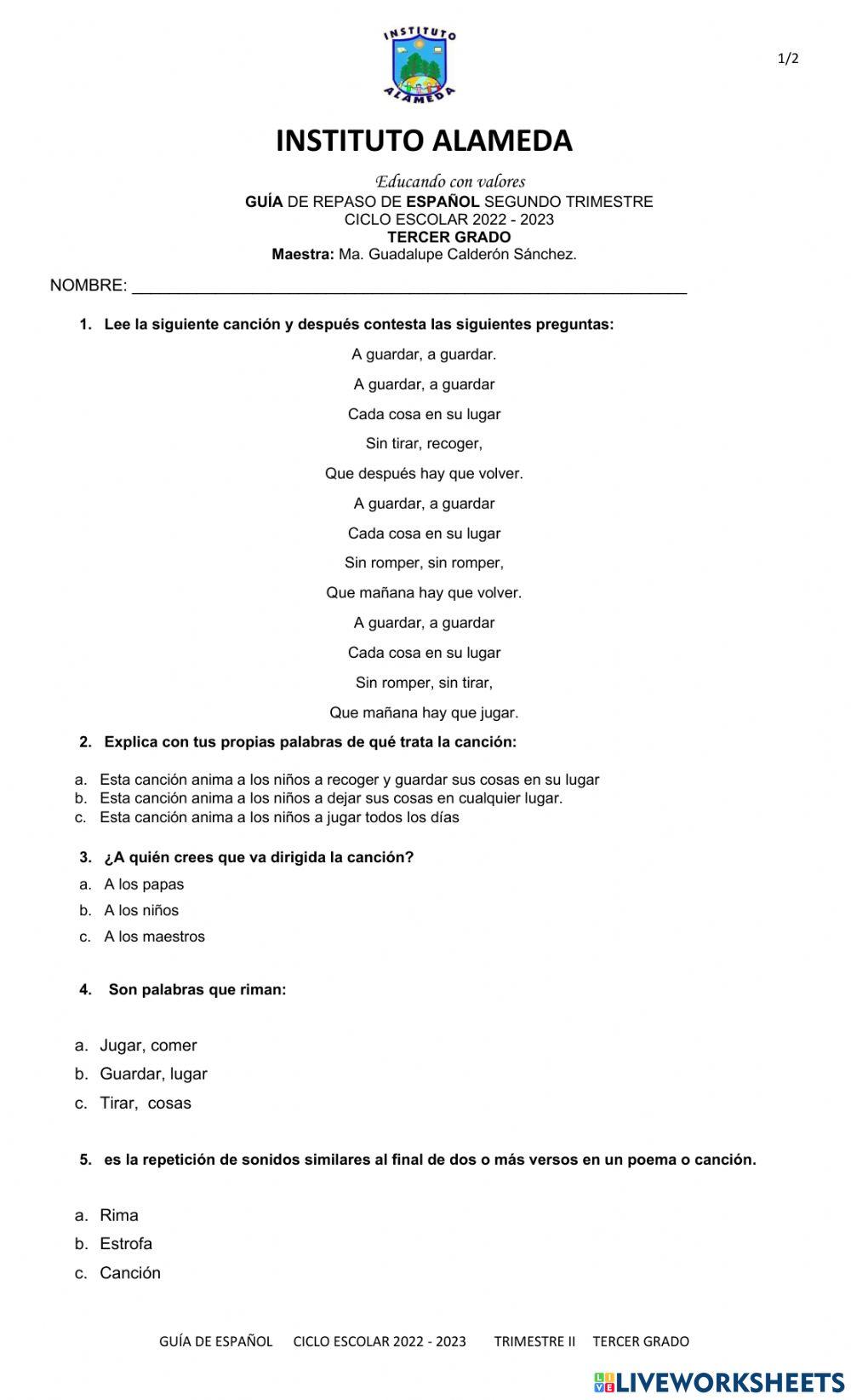 Repaso español 3 prim 3er trim