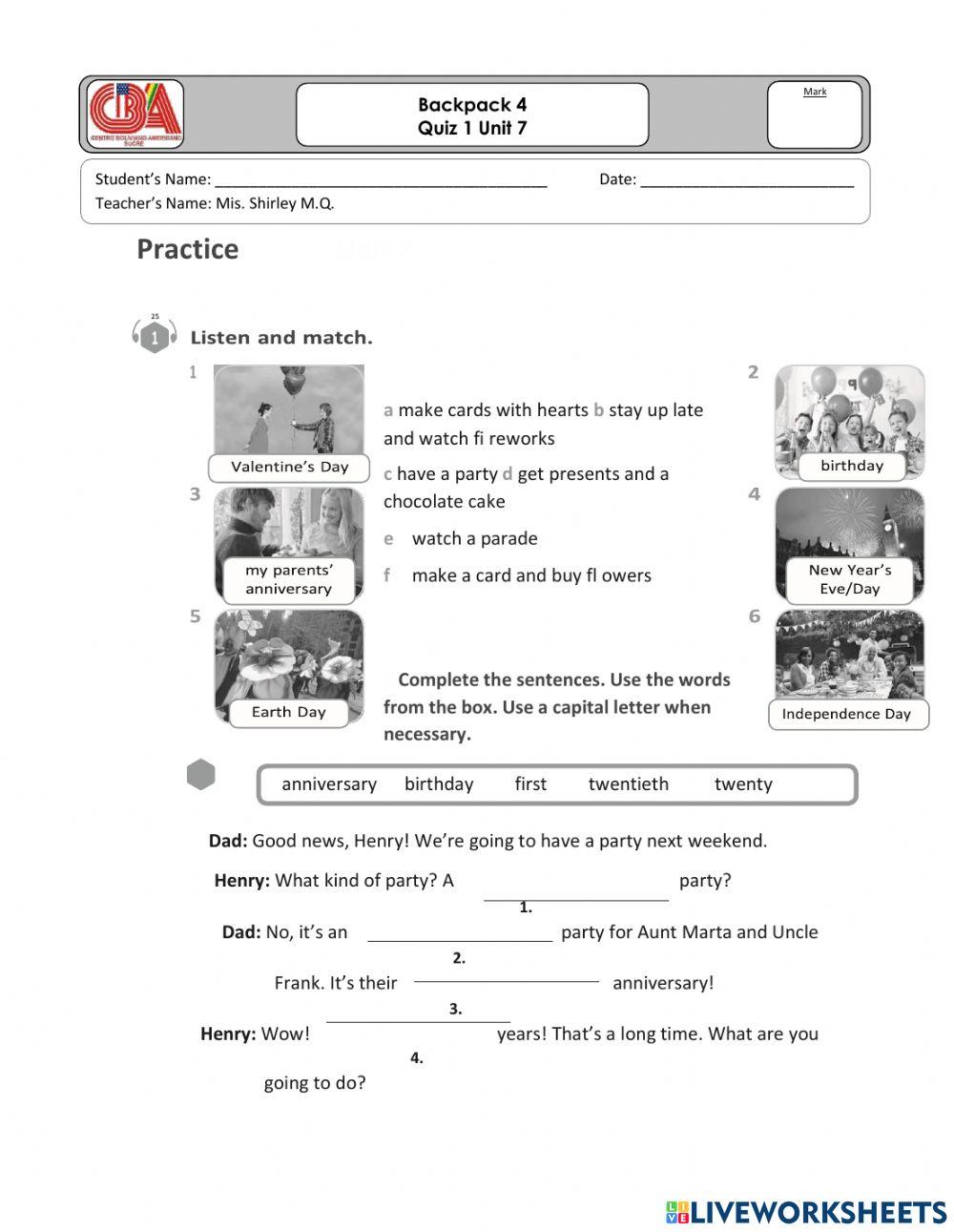 Quiz 1 Unit 7 Big English 4