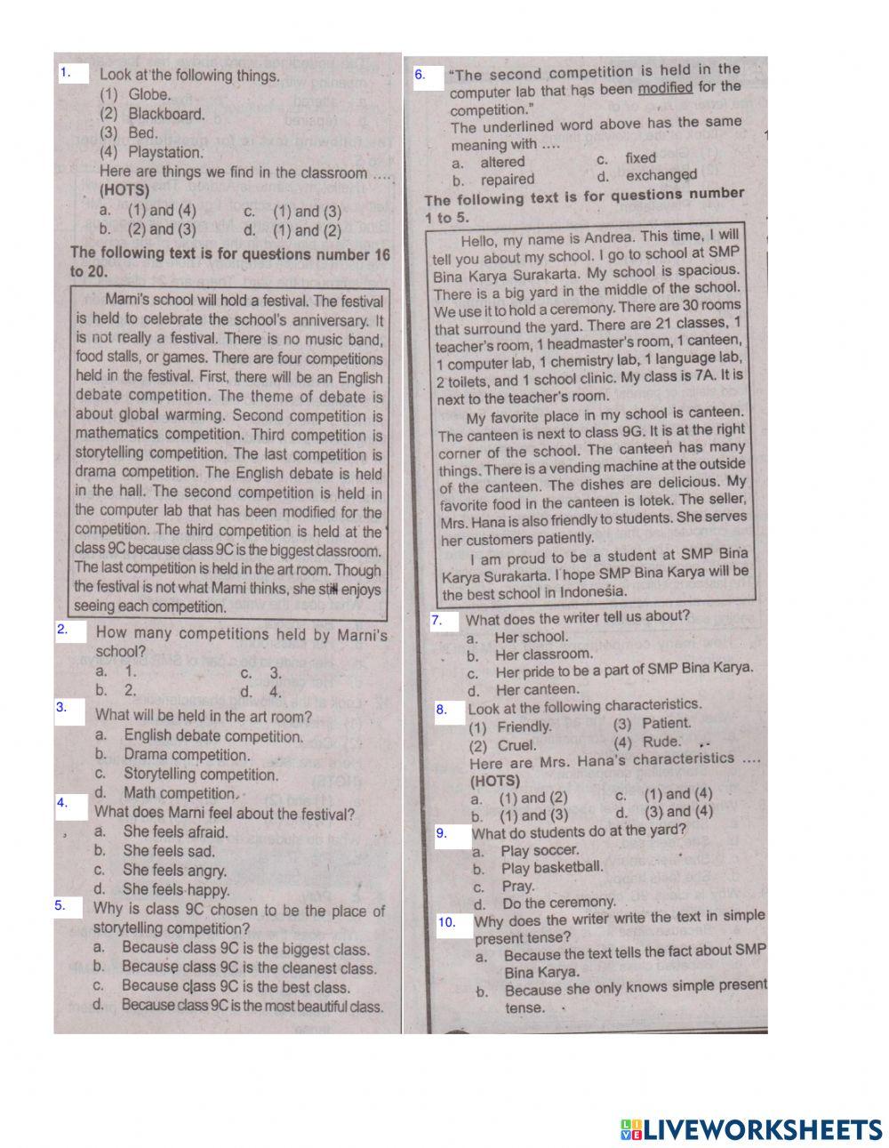 Ulangan Bahasa Inggris  Kelas 7 BAB 2 SMPITC