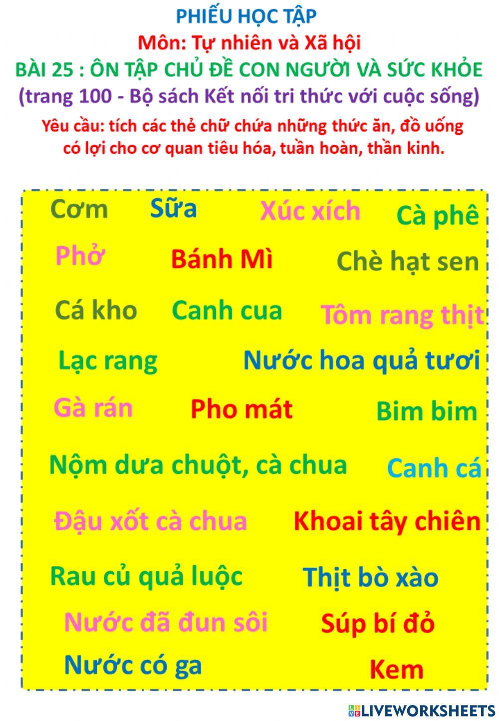 Phiếu TNXH - BÀI 25 : ÔN TẬP CHỦ ĐỀ CON NGƯỜI VÀ SỨC KHỎE