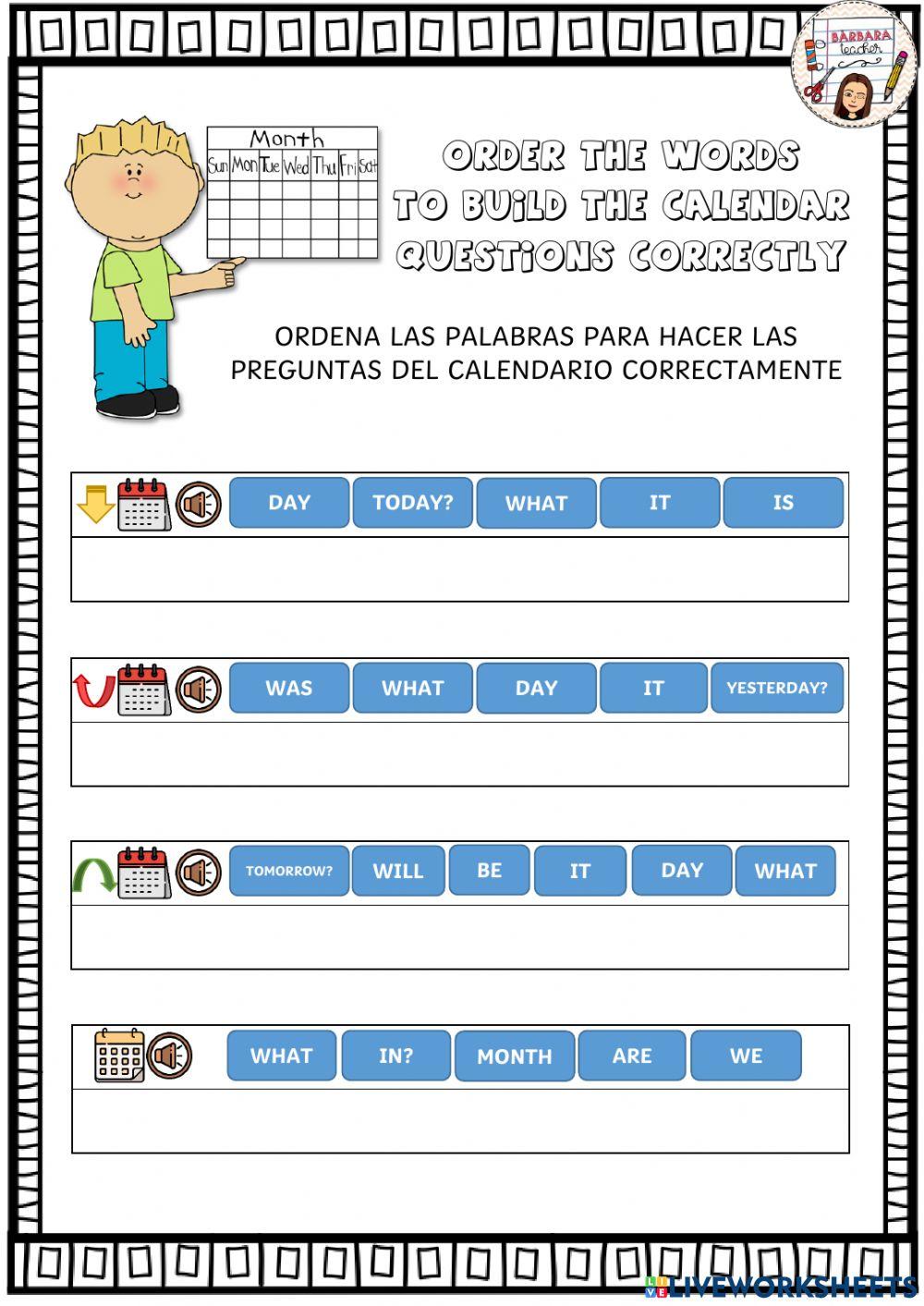 Calendar questions interactive worksheet Live Worksheets