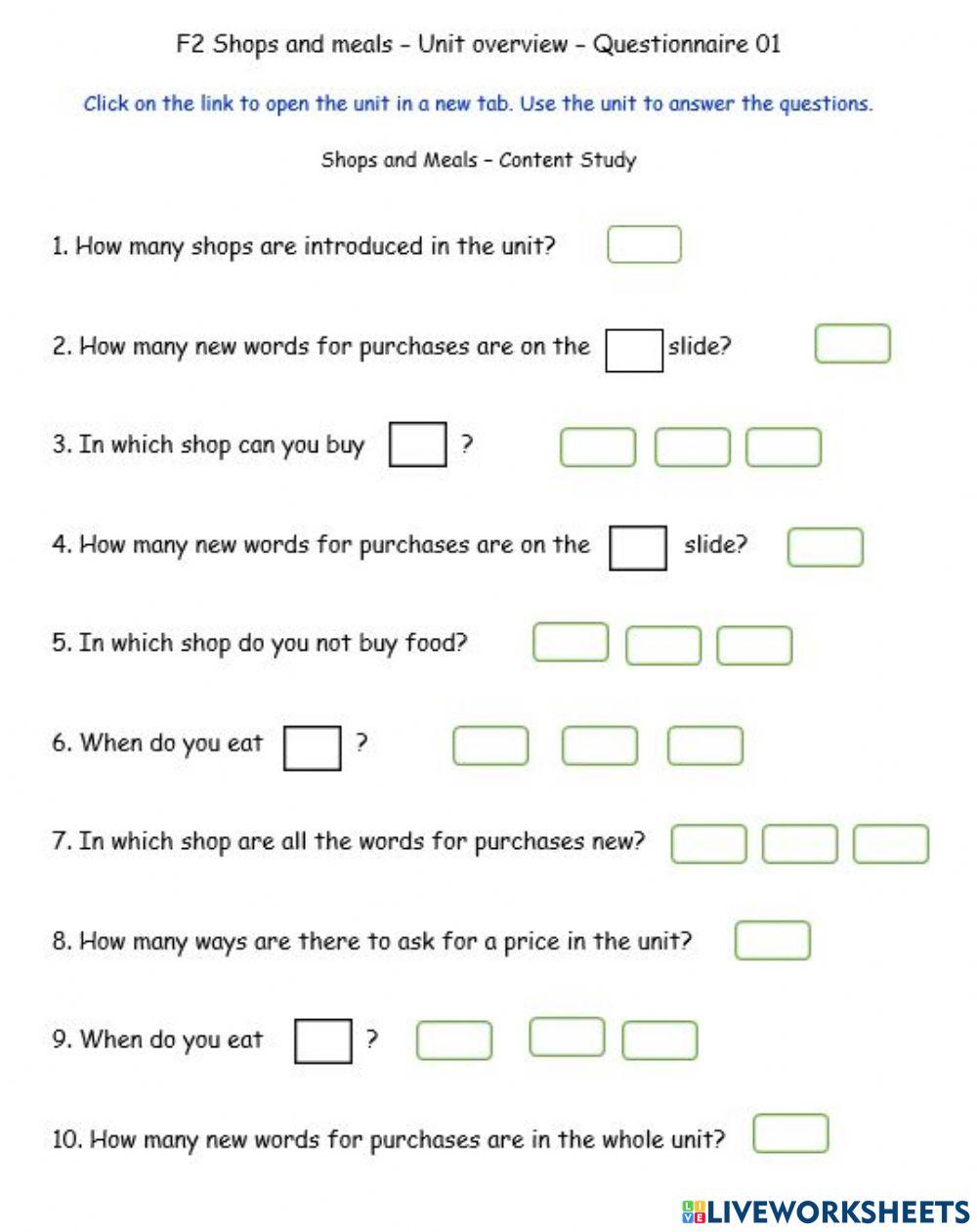 F2 - Shopping and Meals - Unit Questionnaire
