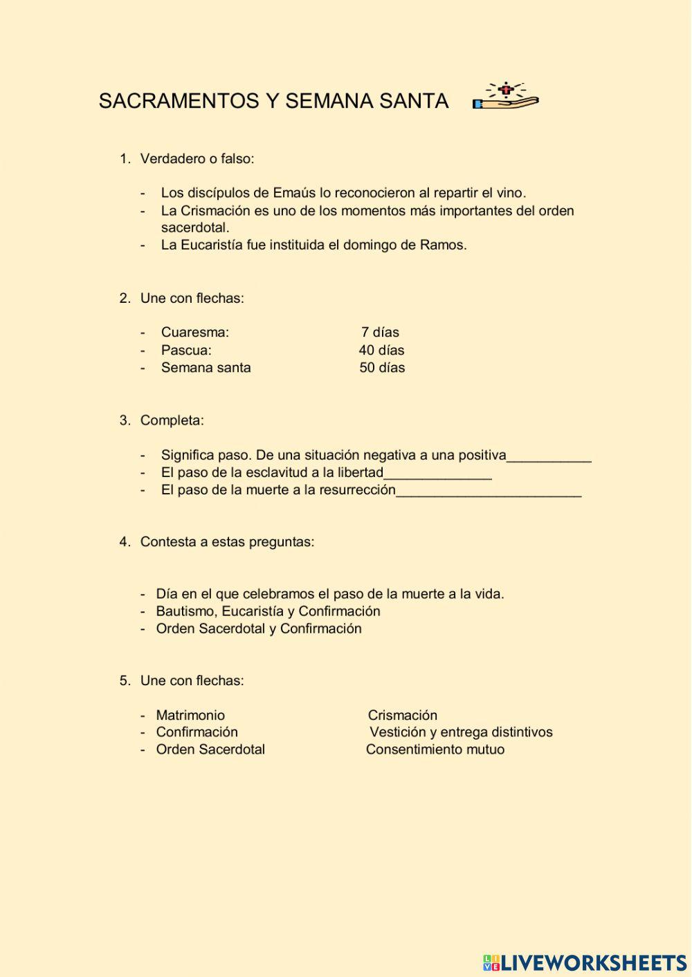 Sacramentos y semana santa worksheet Live Worksheets