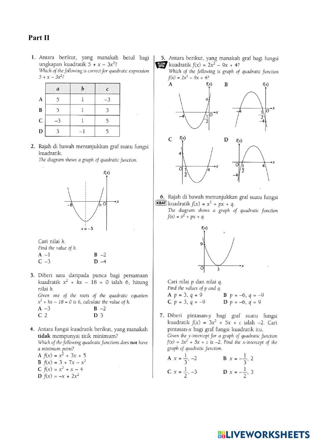 F4 Maths Chapter 1 Quadratic Functions and Equations in One Variable Paper 1 Exercise 2.0