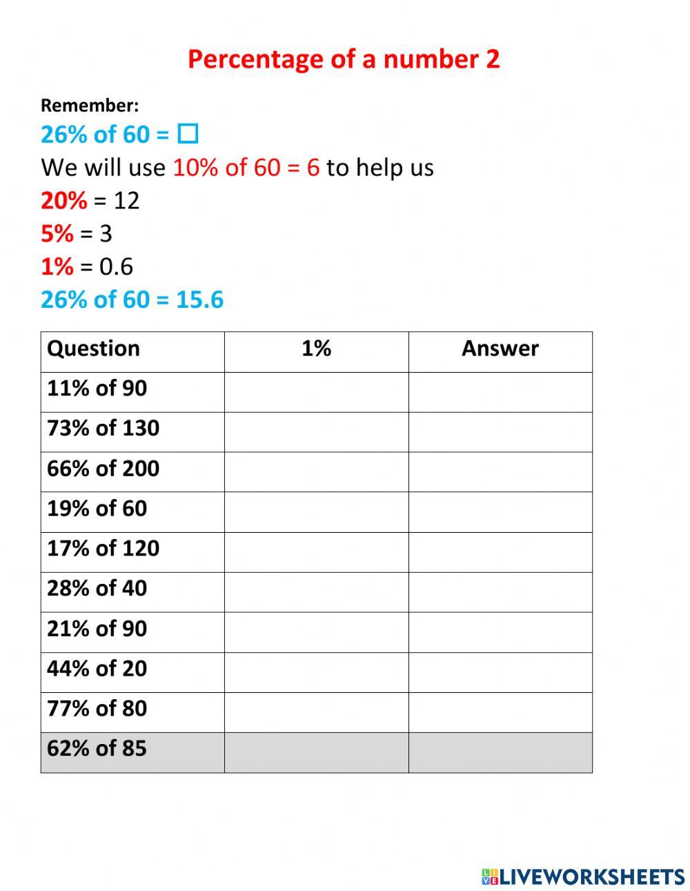 Percentage of an amount 2 worksheet | Live Worksheets