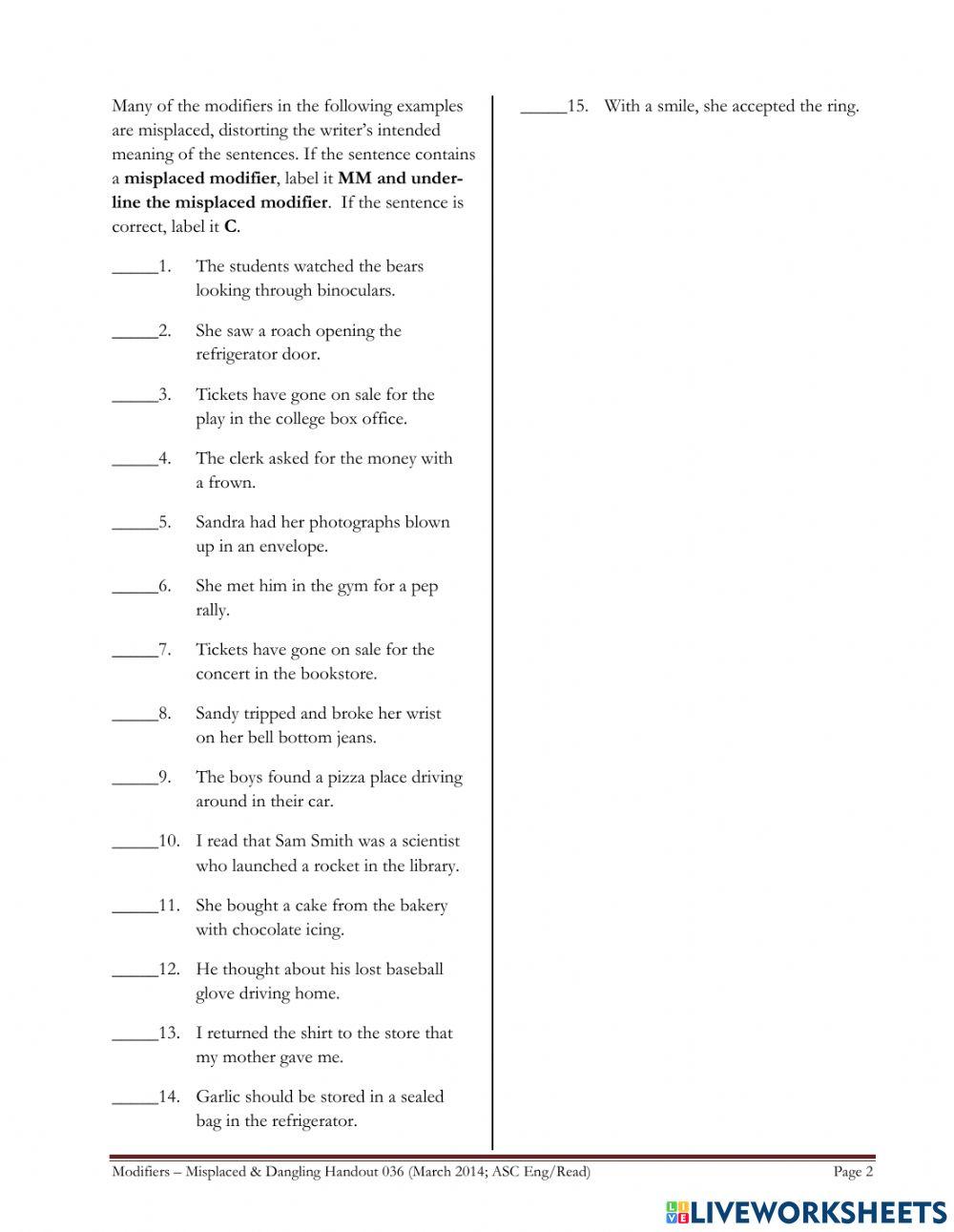 Modifiers Mis… Free Interactive Worksheets 2568071