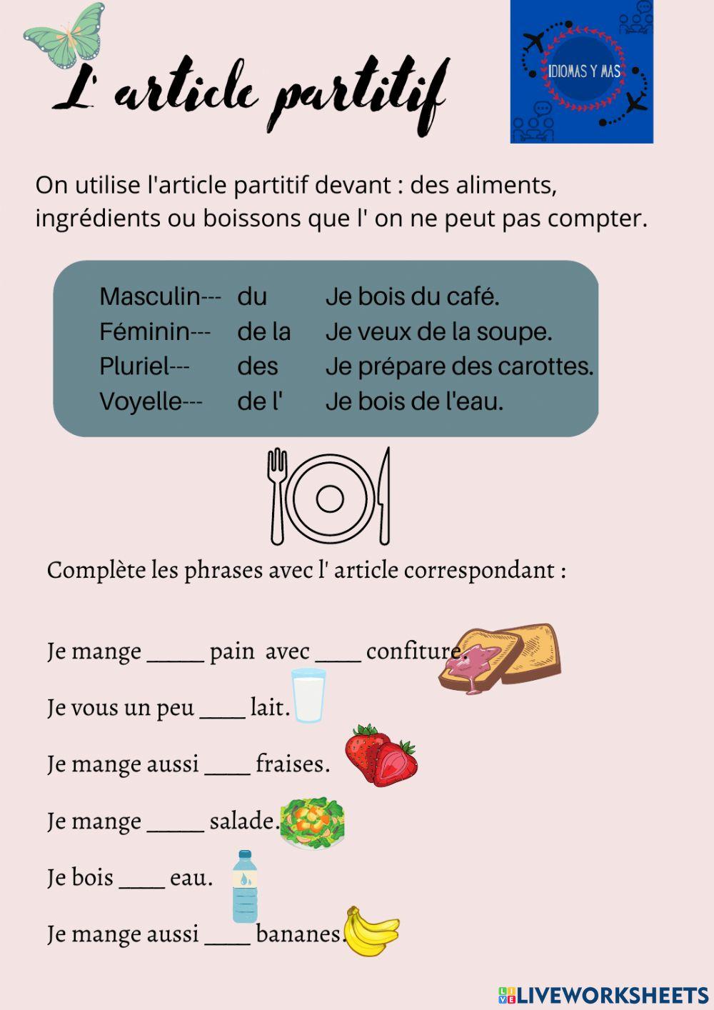 Exercice les partitifs les aliments interactive worksheet live