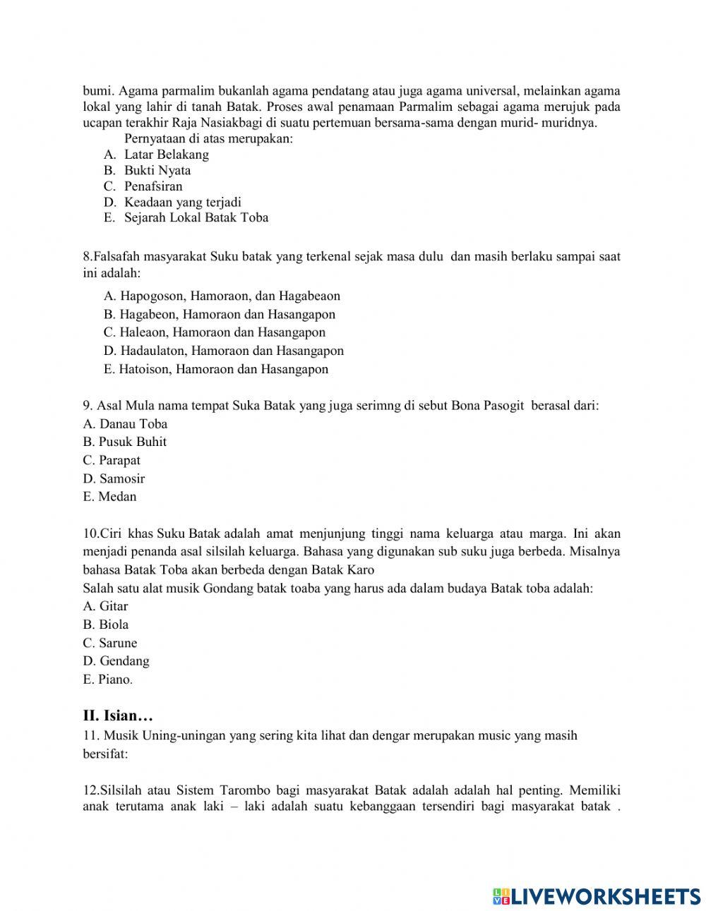 Soal Mulok-Budaya Batak kls: XI