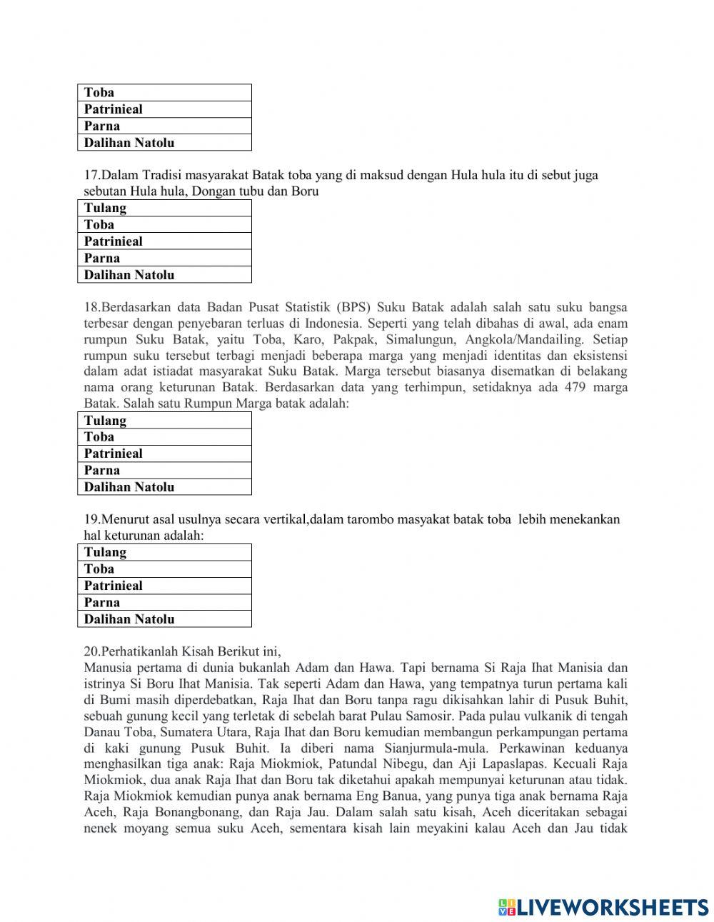 Soal Mulok-Budaya Batak kls: XI
