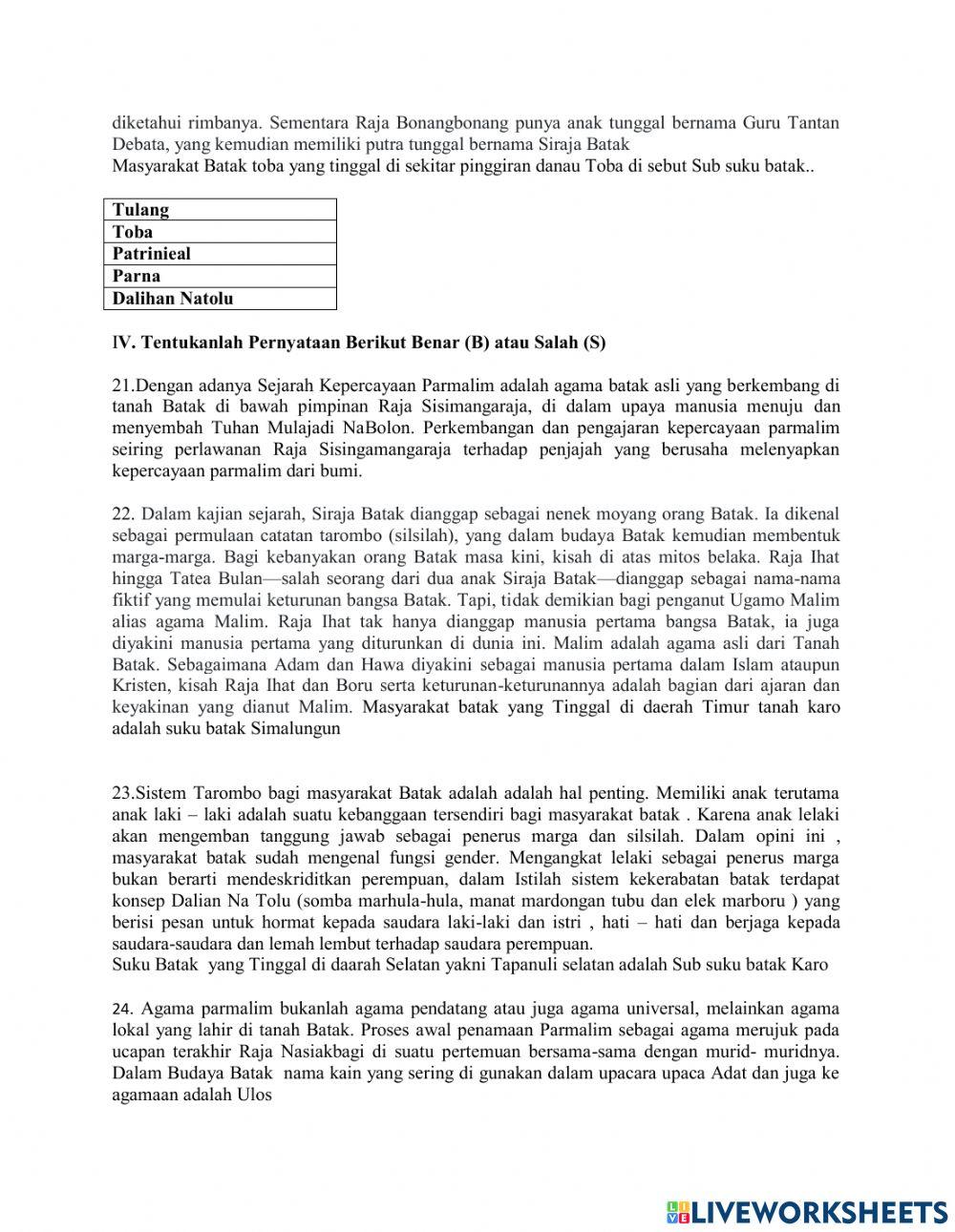 Soal Mulok-Budaya Batak kls: XI