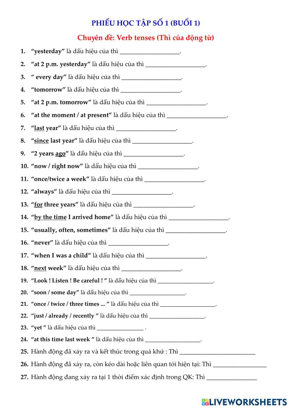 Phiếu học tập (Ôn TN PTTH) - Tenses