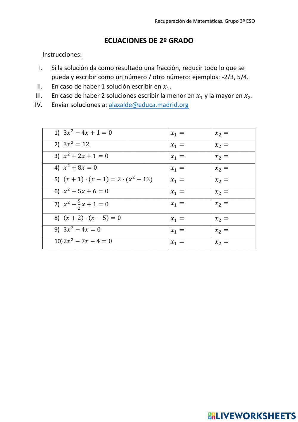 Ficha ecuaciones segundo grado