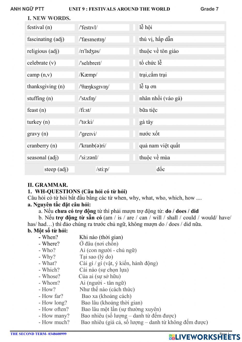 Ta7 unit 9 festivals around the world vocab