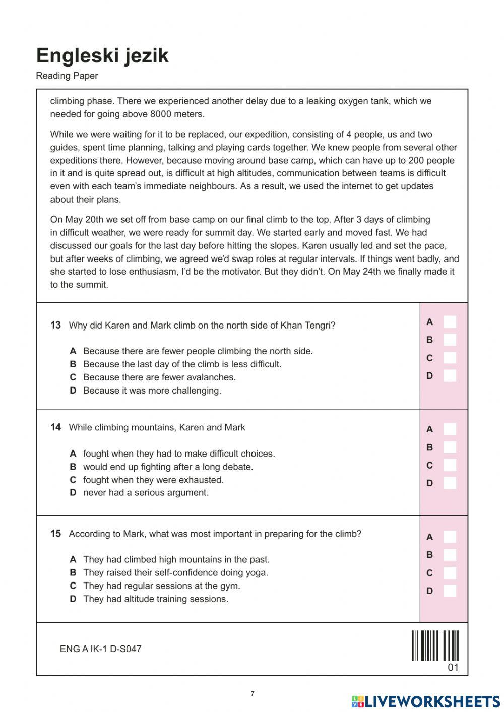 Državna matura reading 2020.