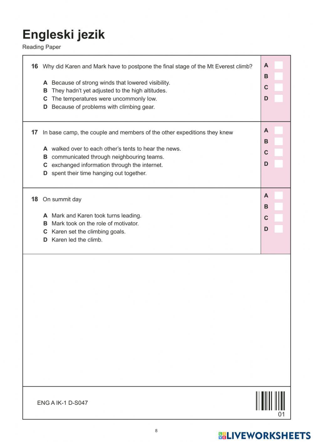 Državna matura reading 2020.