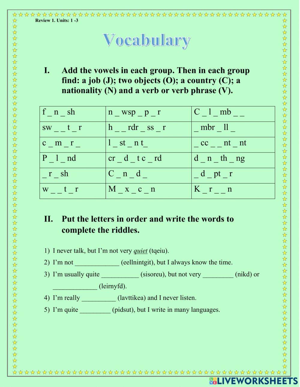 Speak out. Elementary. Review: units 1-3.