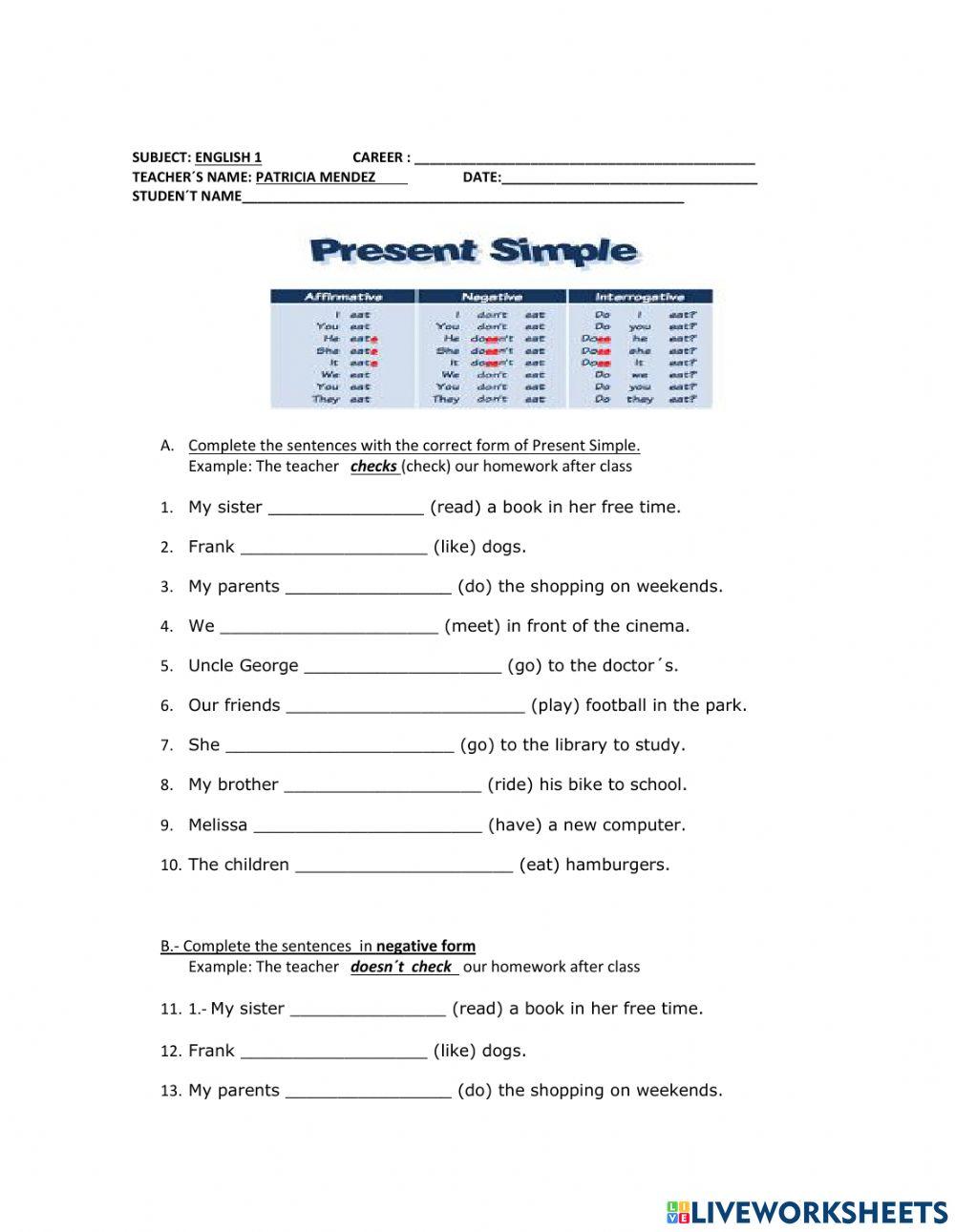 SIMPLE PRESENT online exercise for | Live Worksheets