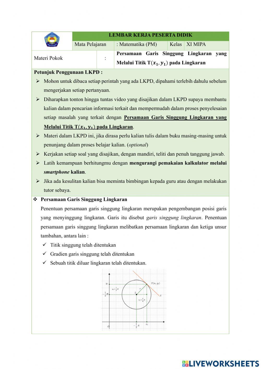 LKPD Persamaan Garis Singgung Lingkaran Bagian 1