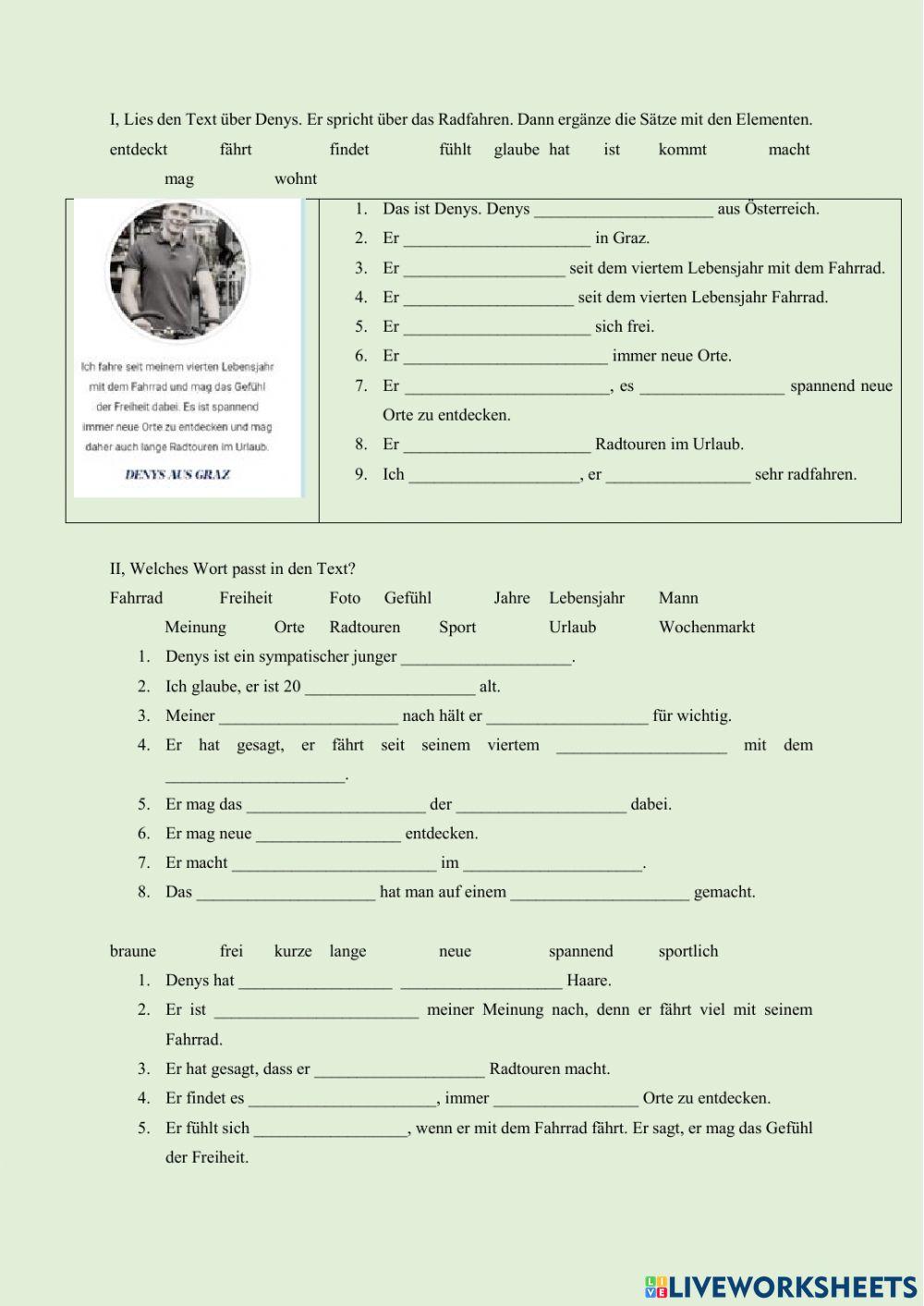 Leseverstehen - Denys, Radfahren