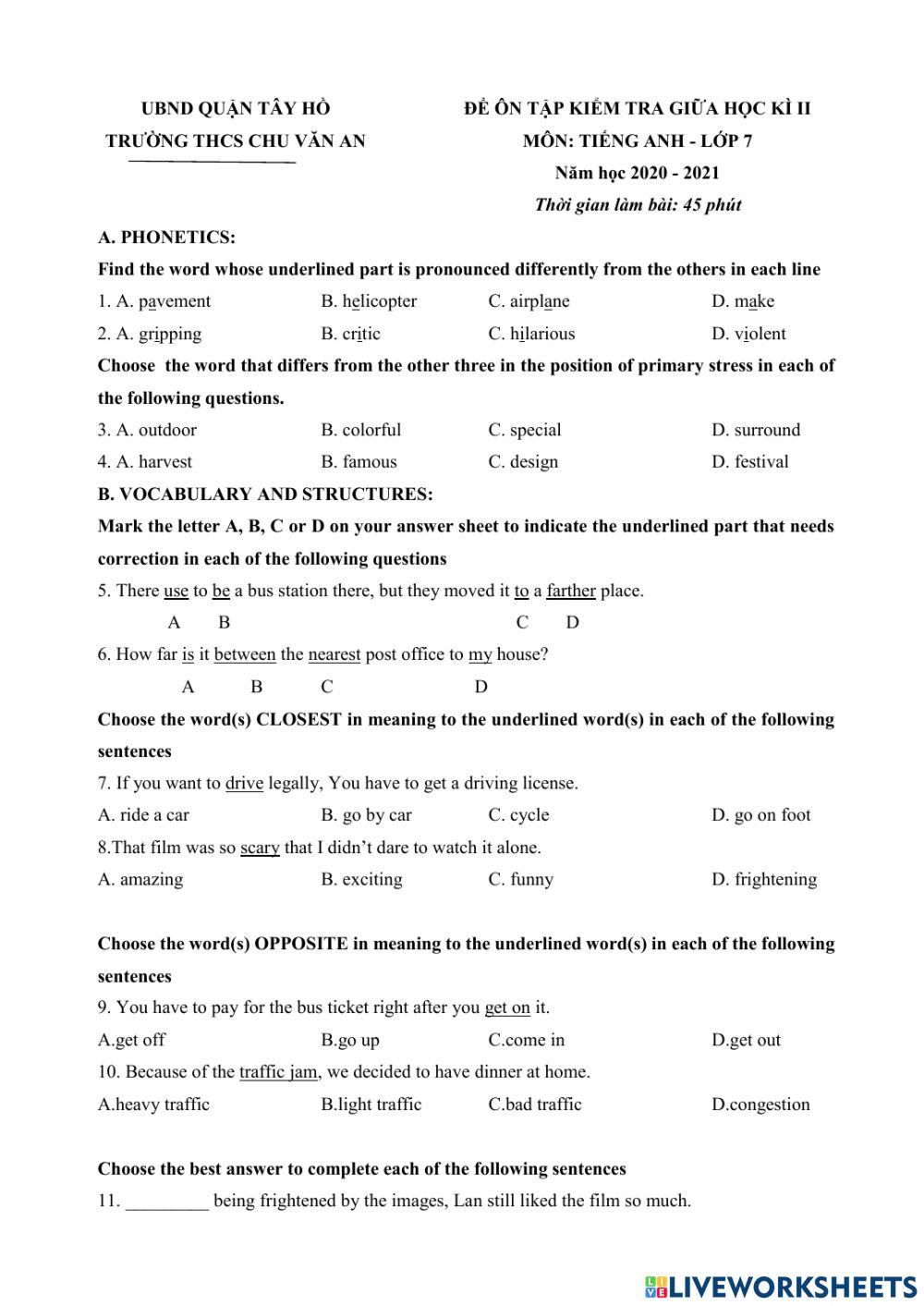 Đề ôn giữa kì 2 g7