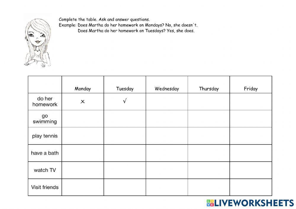 Martha's weekly schedule