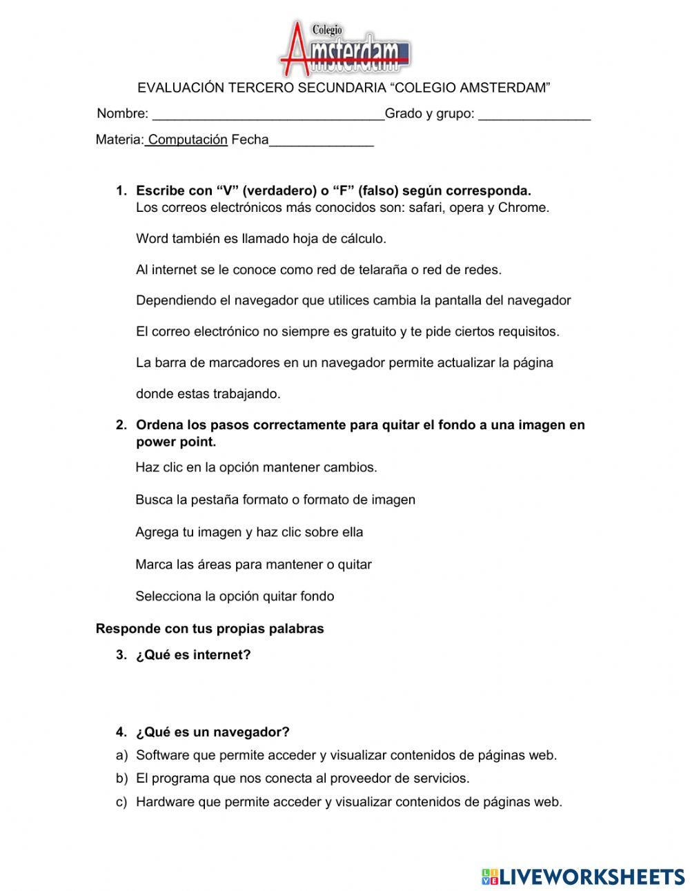 Evaluacion 3ro secundaria febrero