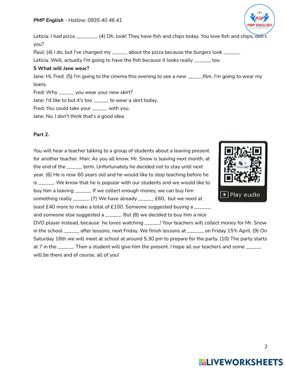 Ket Test 2 Part 1,2 - Listening Dictation