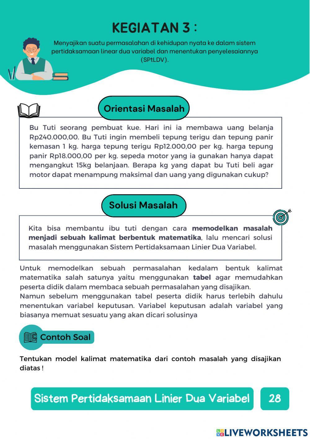 E-LKPD Sistem pertidaksamaan linear dua variabel dan menentukan penyelesaiannya (SPtLDV).