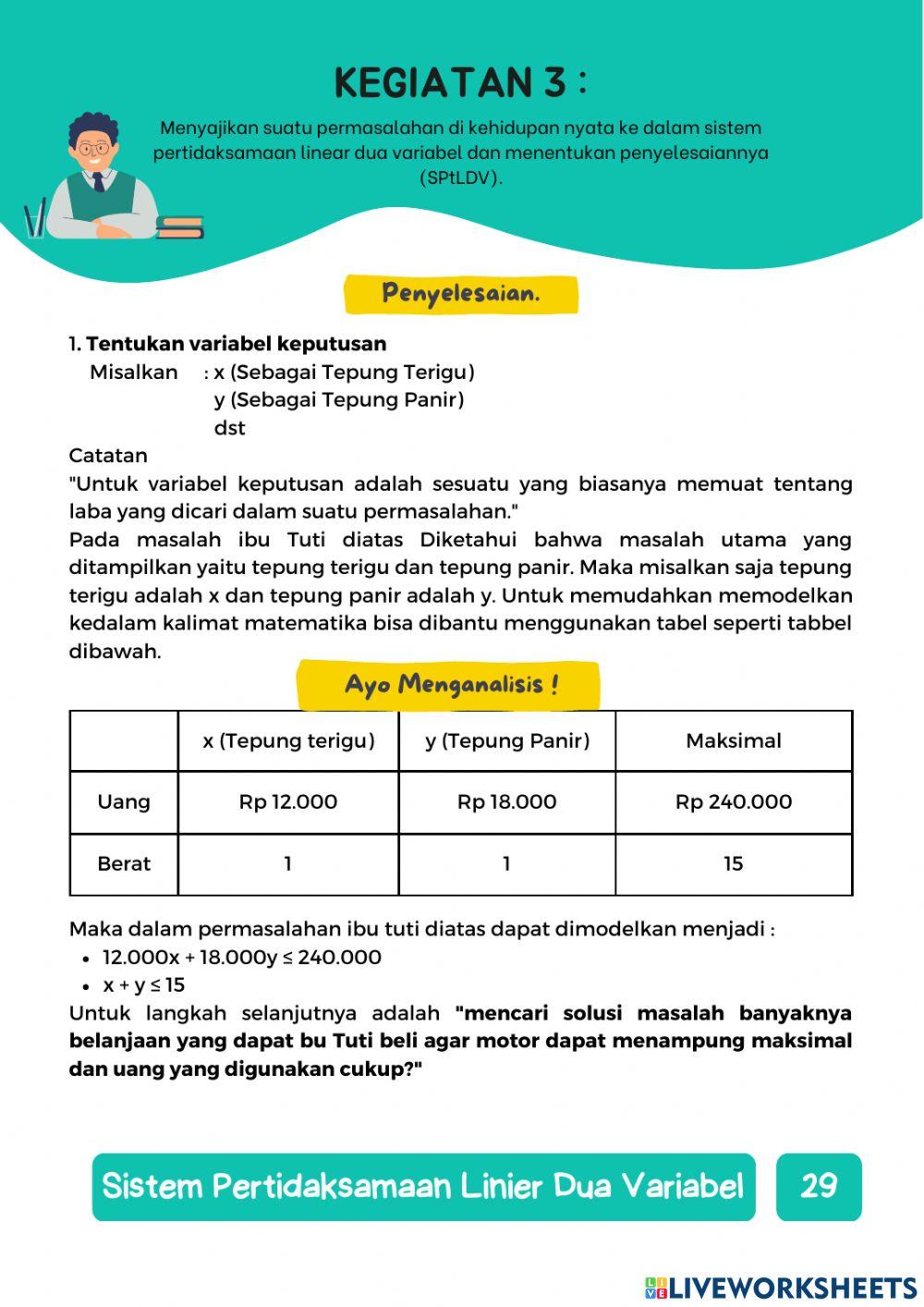E-LKPD Sistem pertidaksamaan linear dua variabel dan menentukan penyelesaiannya (SPtLDV).