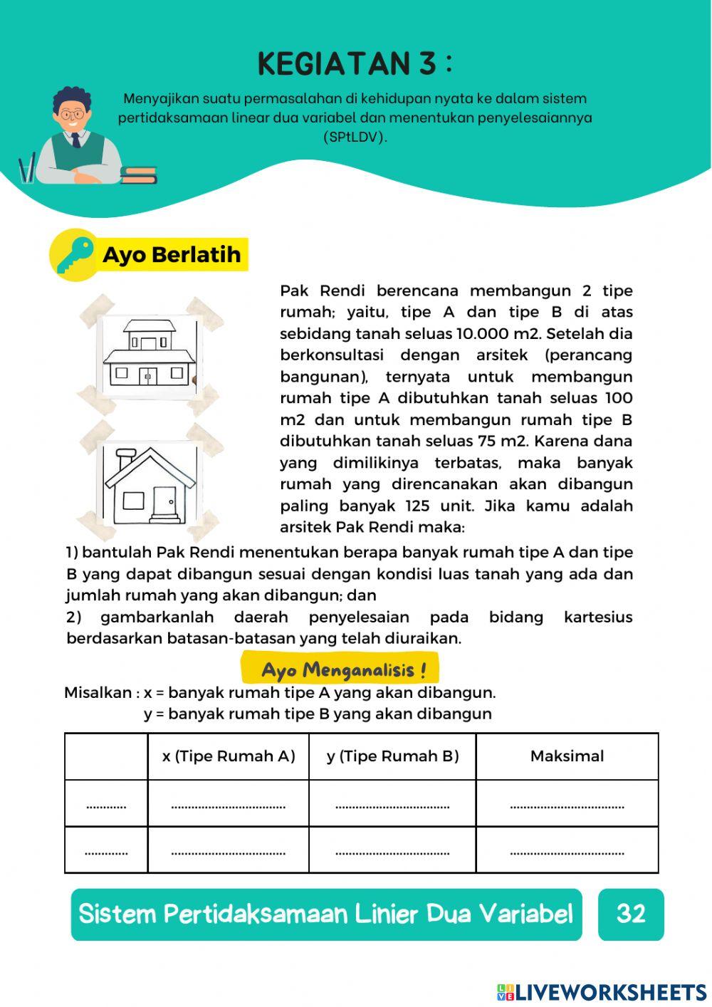E-LKPD Sistem pertidaksamaan linear dua variabel dan menentukan penyelesaiannya (SPtLDV).