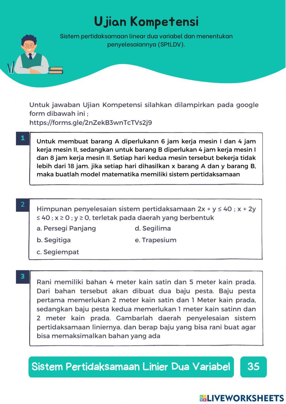 E-LKPD Sistem pertidaksamaan linear dua variabel dan menentukan penyelesaiannya (SPtLDV).