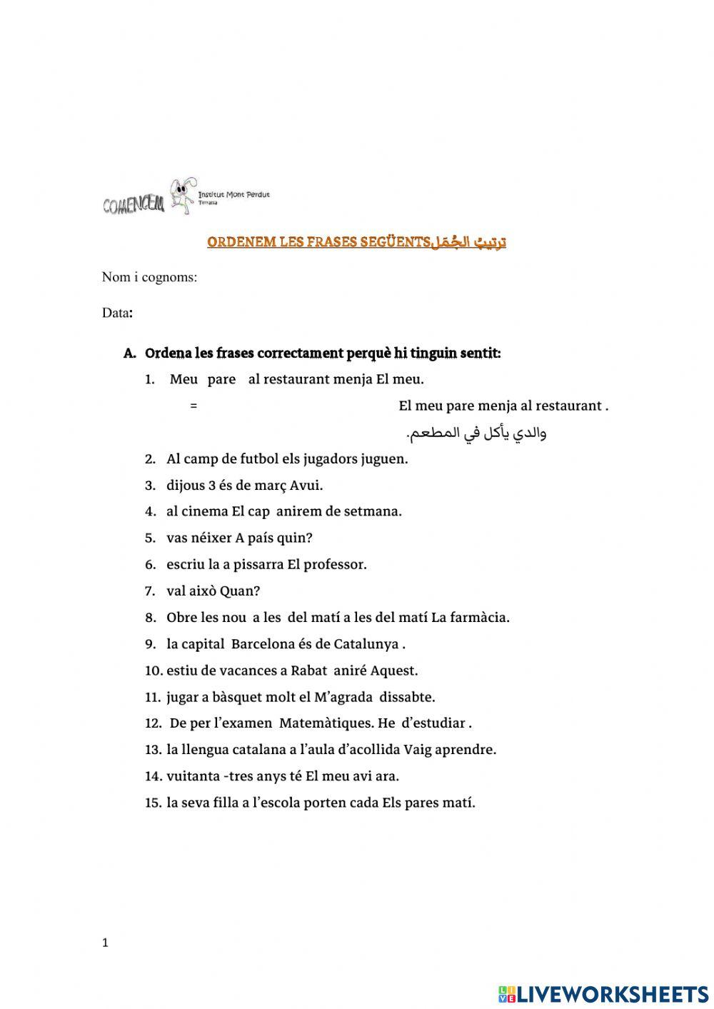 Ordena les frases ترتيبُ الجُمَل