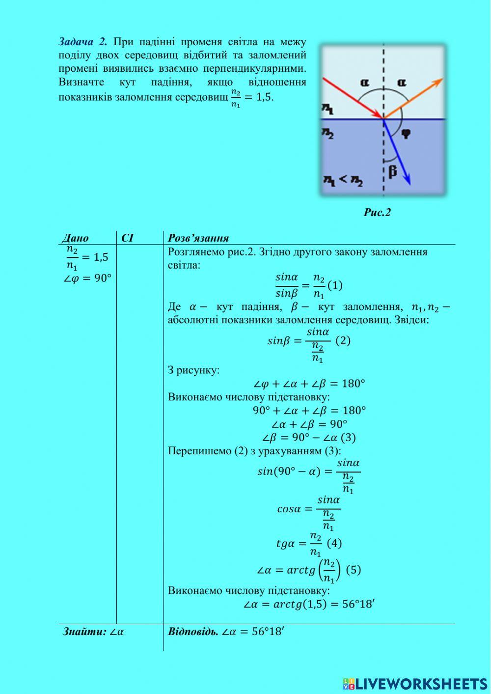 Розв'язування задач на застосування законів відбивання та заломлення світла