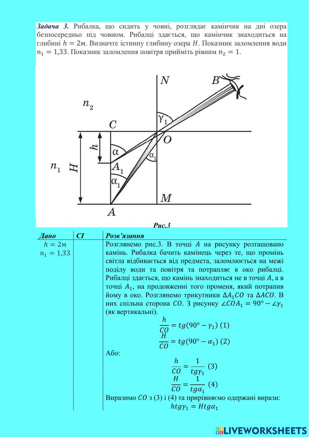 Розв'язування задач на застосування законів відбивання та заломлення світла
