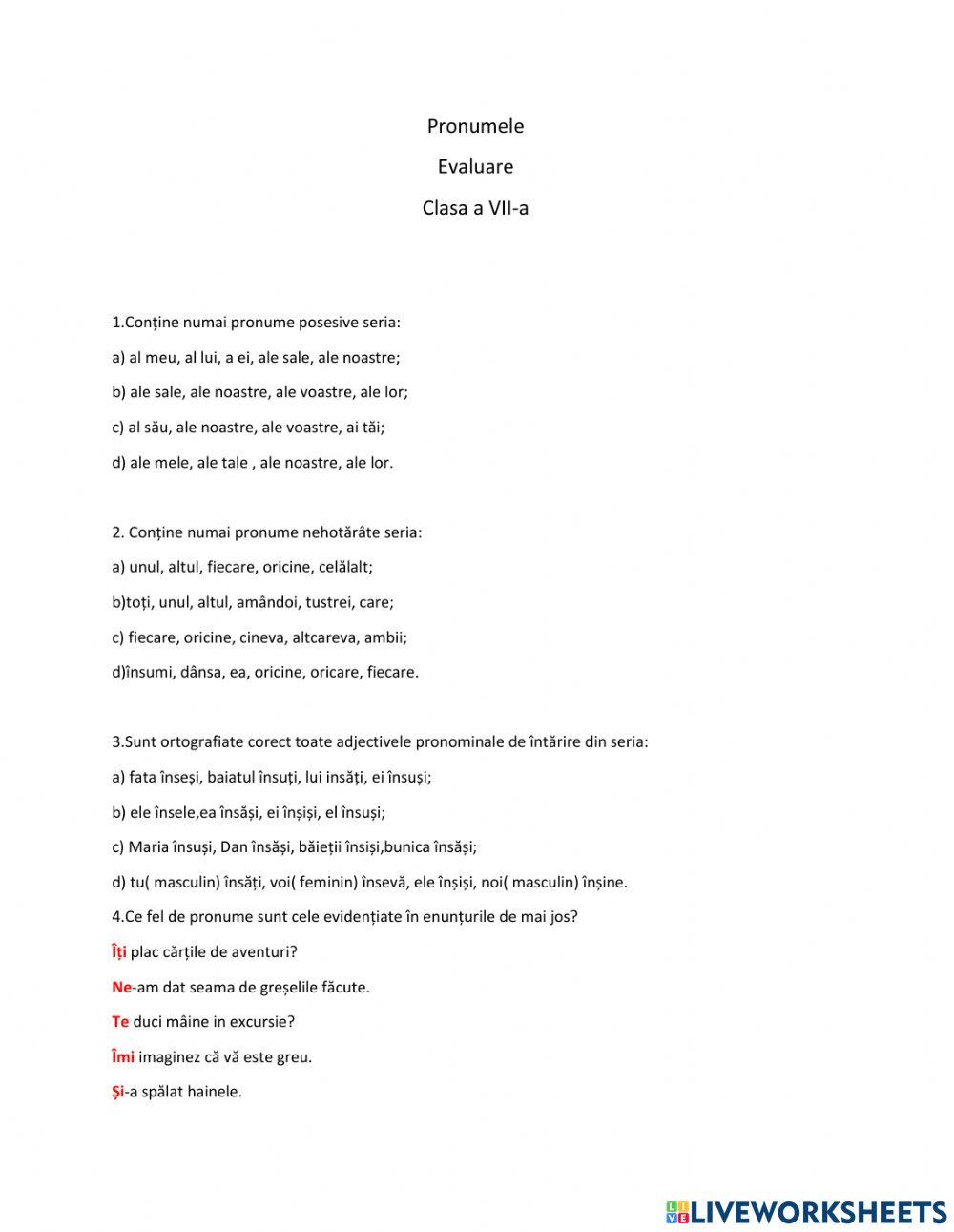 Evaluare pronumele VII 2023