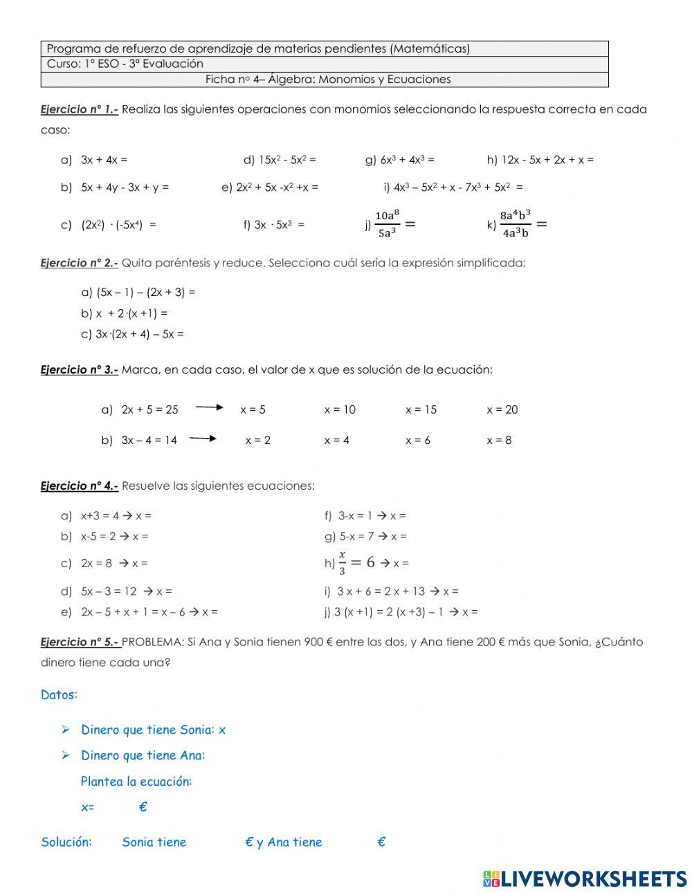 Monomios y Ecuaciones