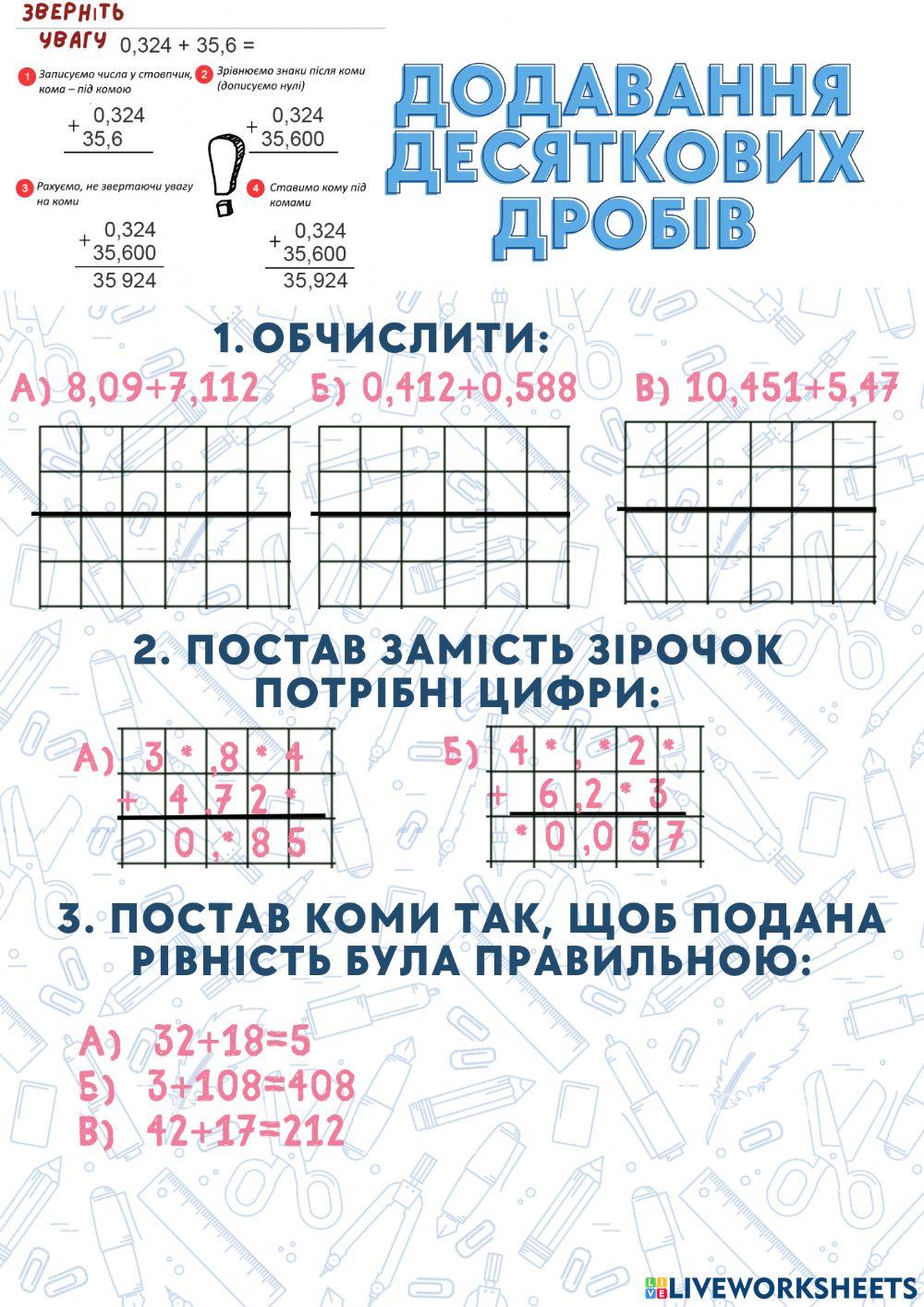 Додавання десяткових дробів