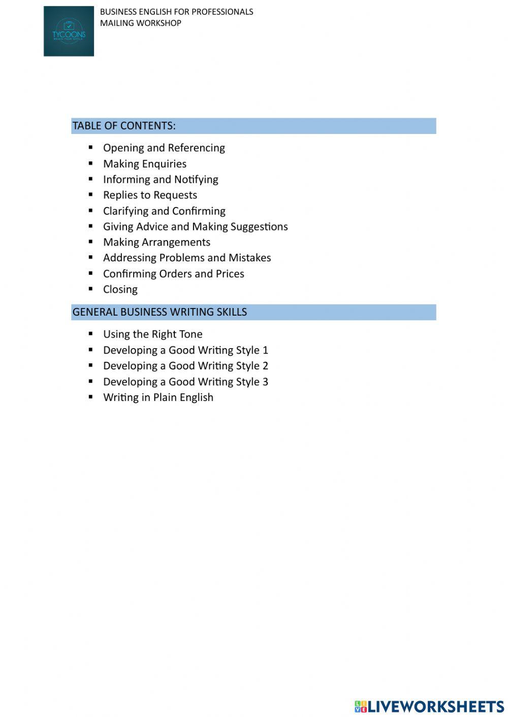 Business E- mailing  workshop