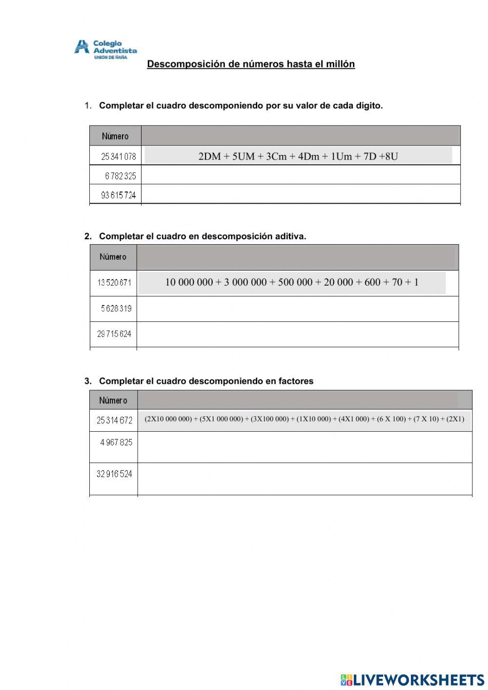 Descomposición de numeros naturales hasta el millón