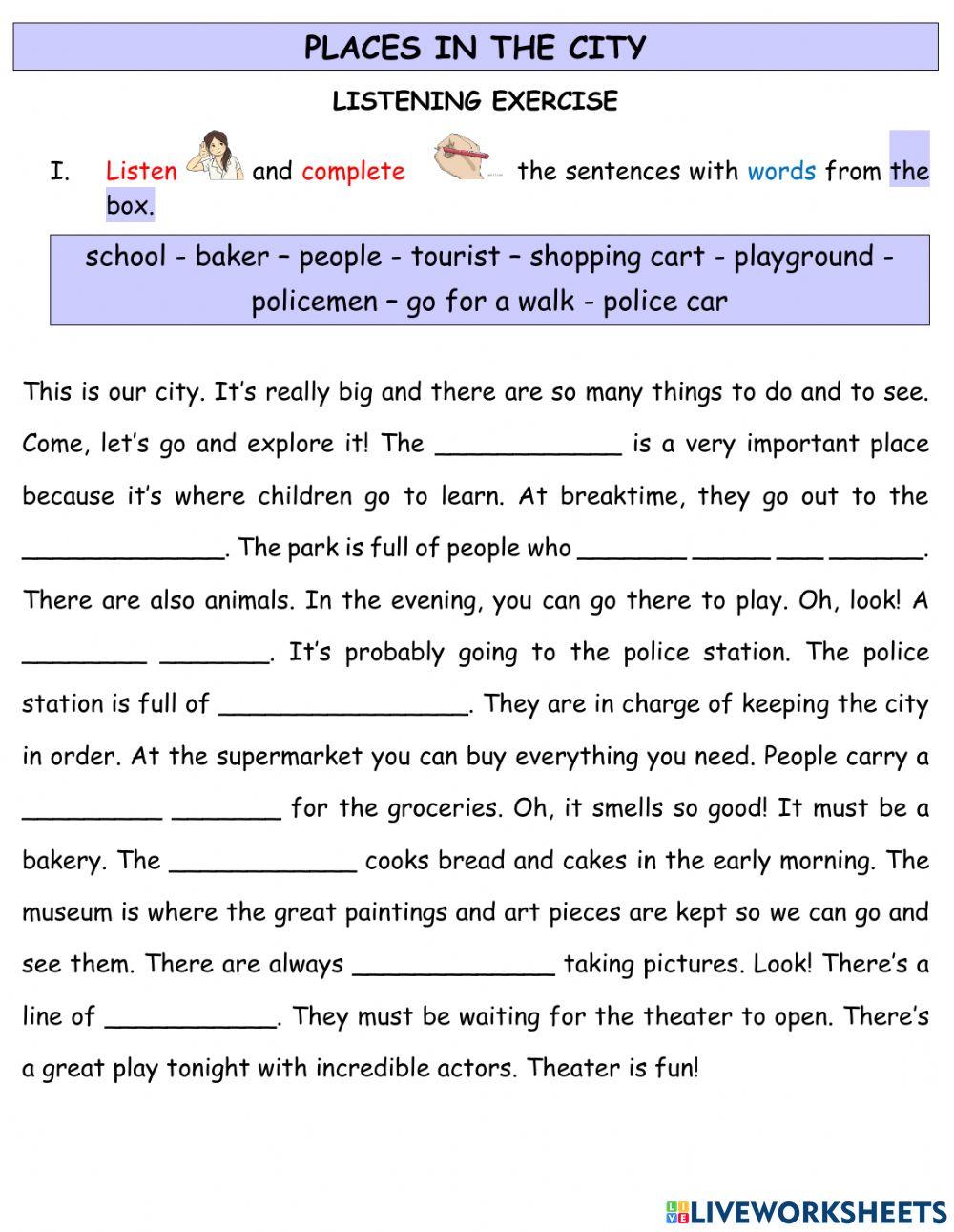 ELA Elementary 1: Places in the city listening exercise online exercise