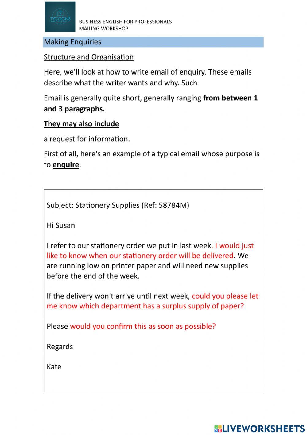 Business e mailing - inquires