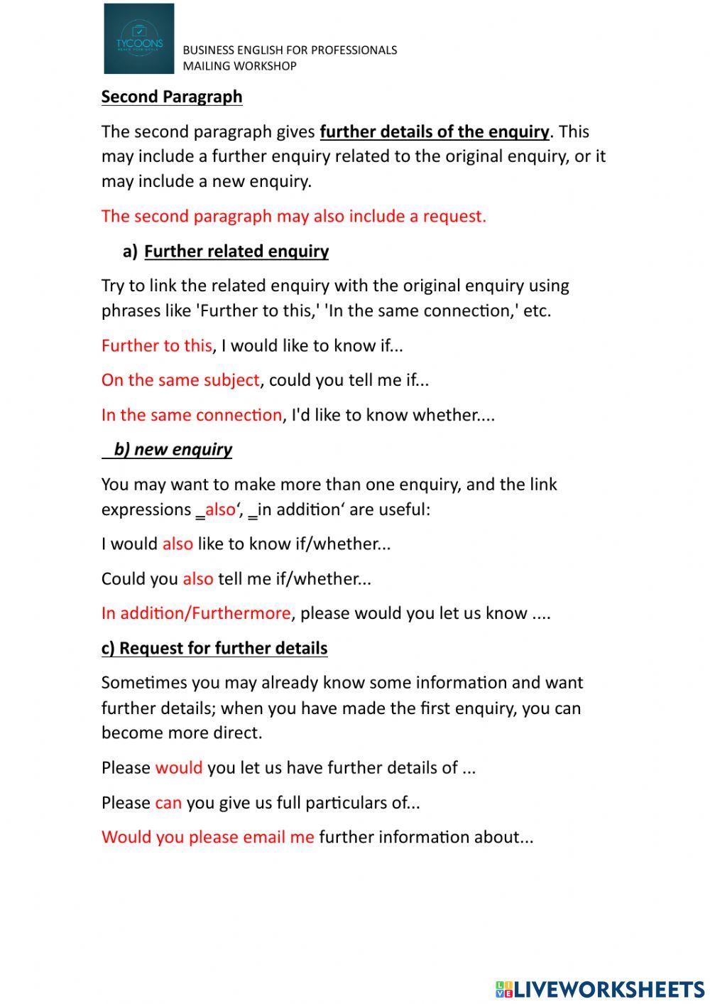 Business e mailing - inquires