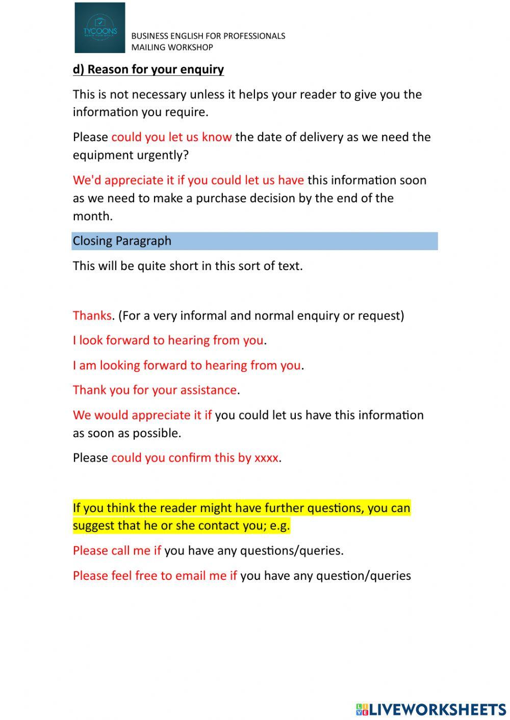 Business e mailing - inquires