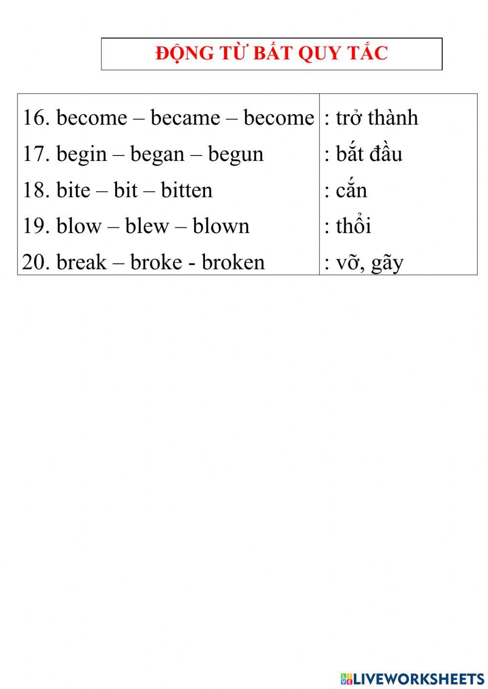 Động từ bất quy tắc 21-25