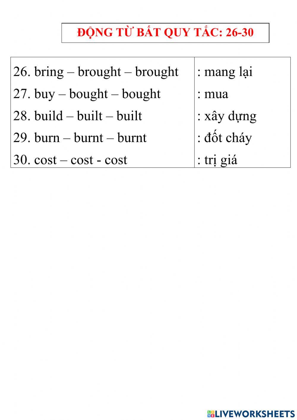 Động từ bất quy tắc 26-30